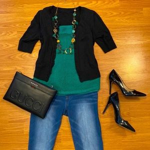 Talbots emerald green crochet tank top black ruffle cardigan